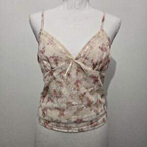Y2K Womens Floral Coquette Babydoll Cami Sz L Lace Overlay Ivory Preppy Cottage